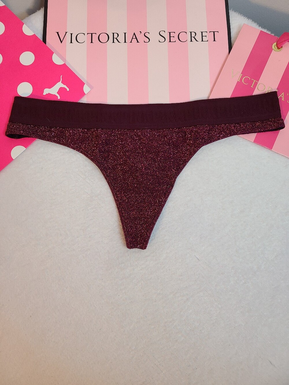 Retired VS PINK Logo Band Sparkle Classic Full Cut Thong Panty Size Lg